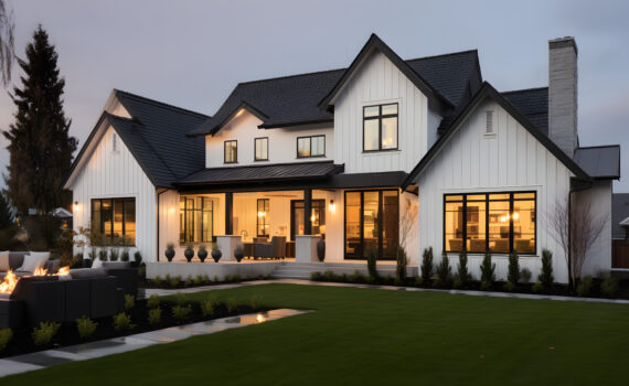 Beautiful two story modern farmhouse with white exterior and black metal roof at dusk